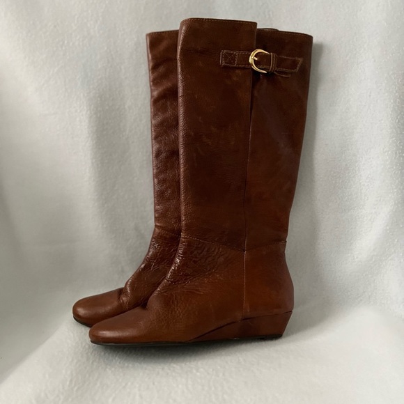Steven By Steve Madden Shoes - Steven by Steve Madden Size 6 Brown Glossy Leather Wedged Heeled Boots.
